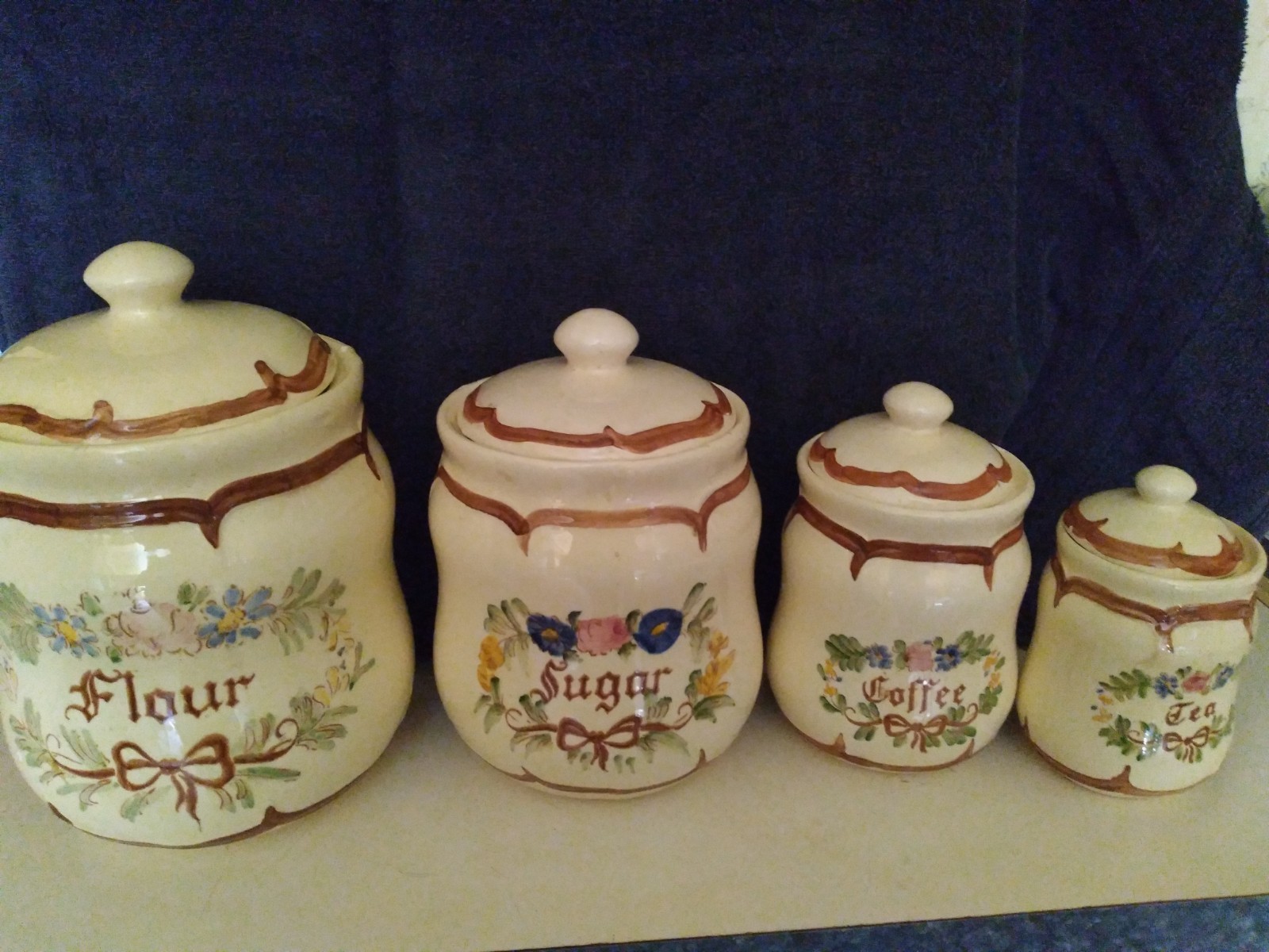 Vintage Weiss Hand Painted Ceramic Jars - Set of 4 Flowers/Ribbons Vintage Weiss Hand Painted Ceramic Jars - Set of 4 Flowers/Ribbons