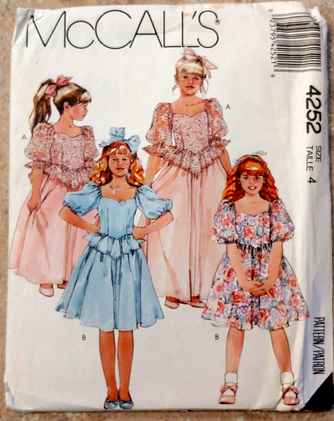 McCalls 4252 Girls Gown or dress size 4 Pattern Year 1989 w/ or without peplum.