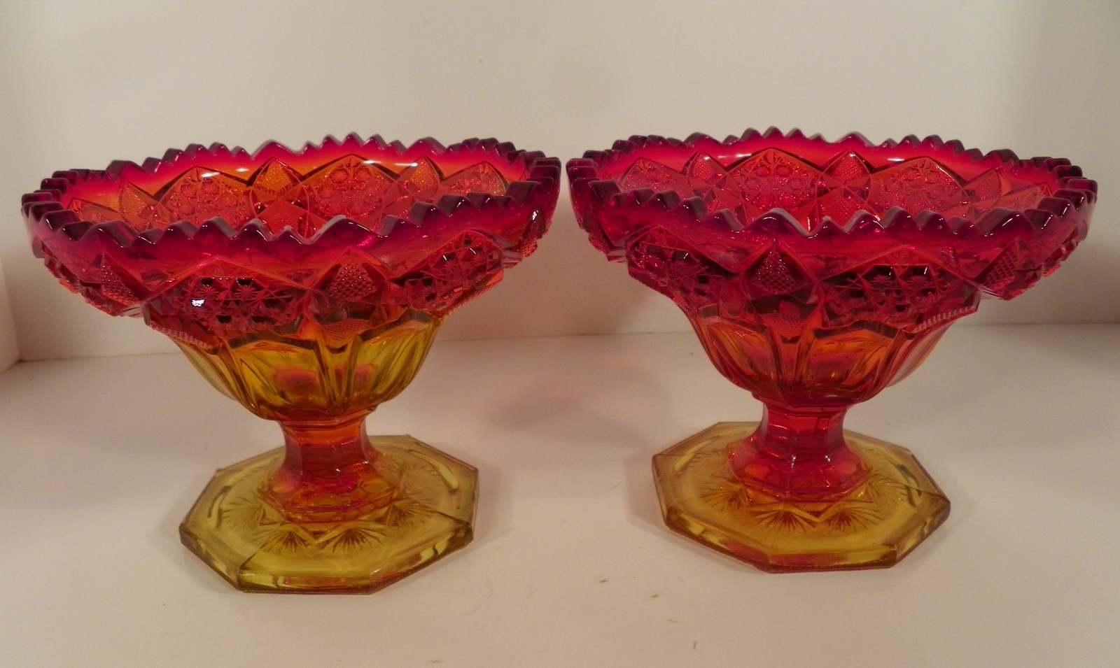 2 Kemple Glass CARLTEC Amberina Compote (s) LOT Stars and Panels 68 Candy Dish