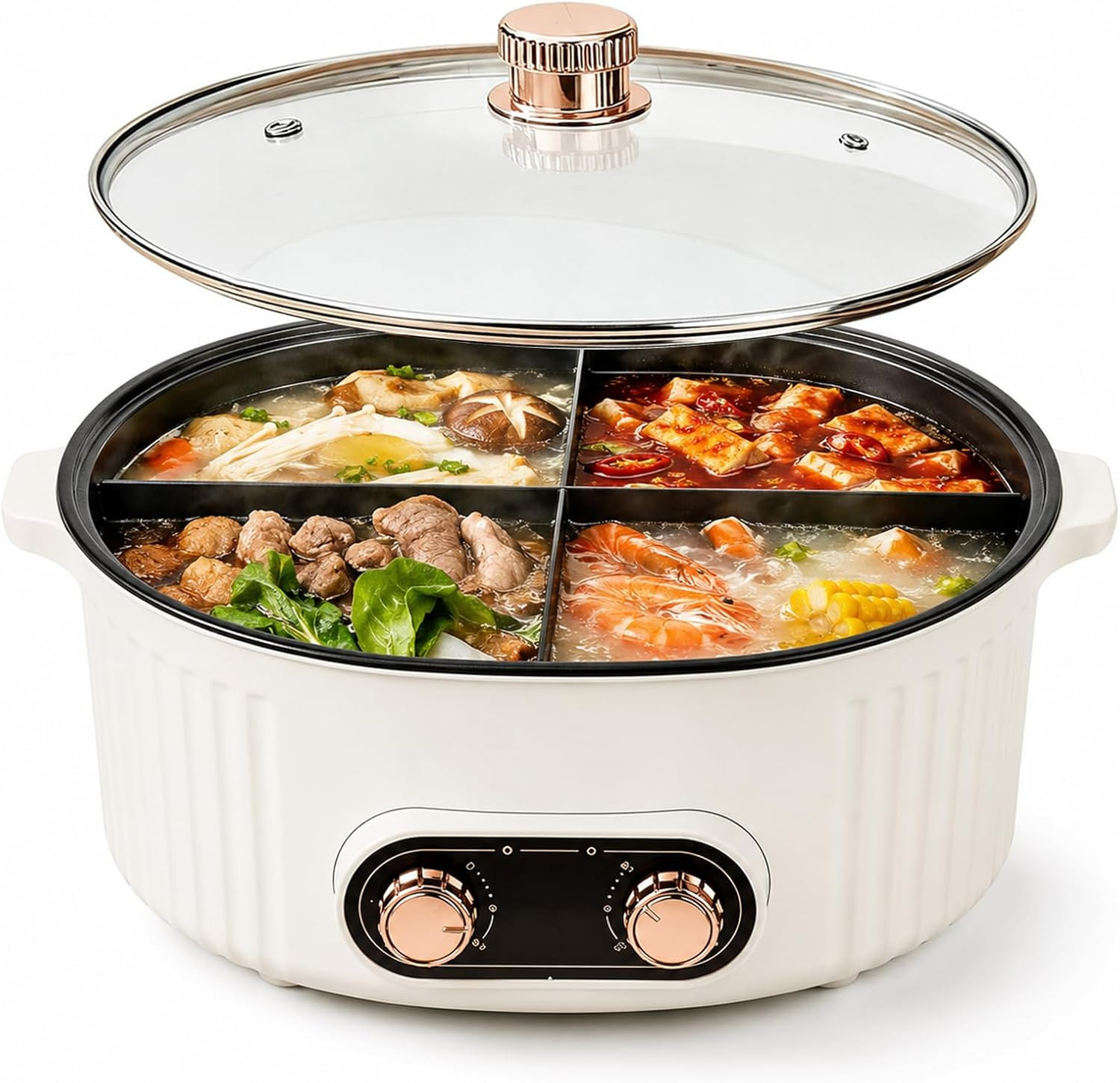 4-Compartment Hot Pot, 6L Large Stew Pots with Divider, Dual Knob Independent Te 4-Compartment Hot Pot, 6L Large Stew Pots with Divider, Dual Knob Independent Te