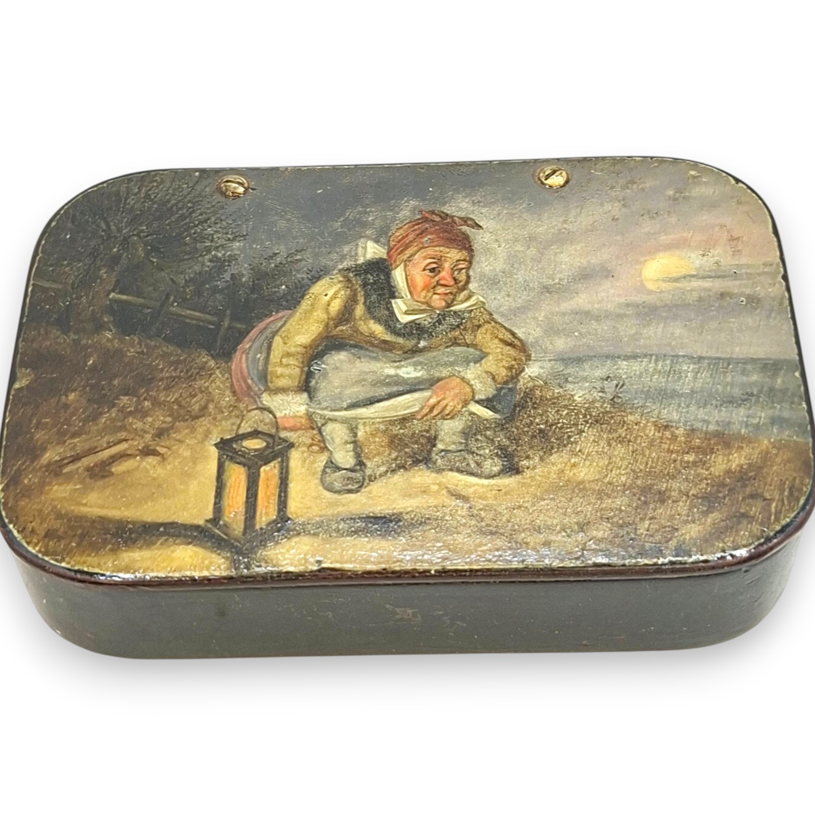 Antique 19th C. Papier Mâché Snuff Box Hand Painted Miniature Night Scene Lanter