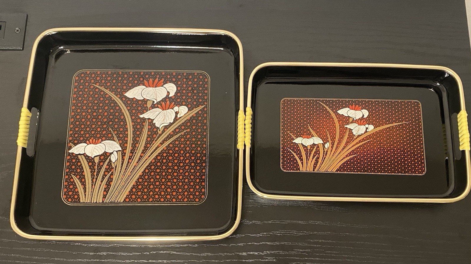 Vintage Mid Century Lacquerware Serving Set Black Floral Trays w Handles MCM