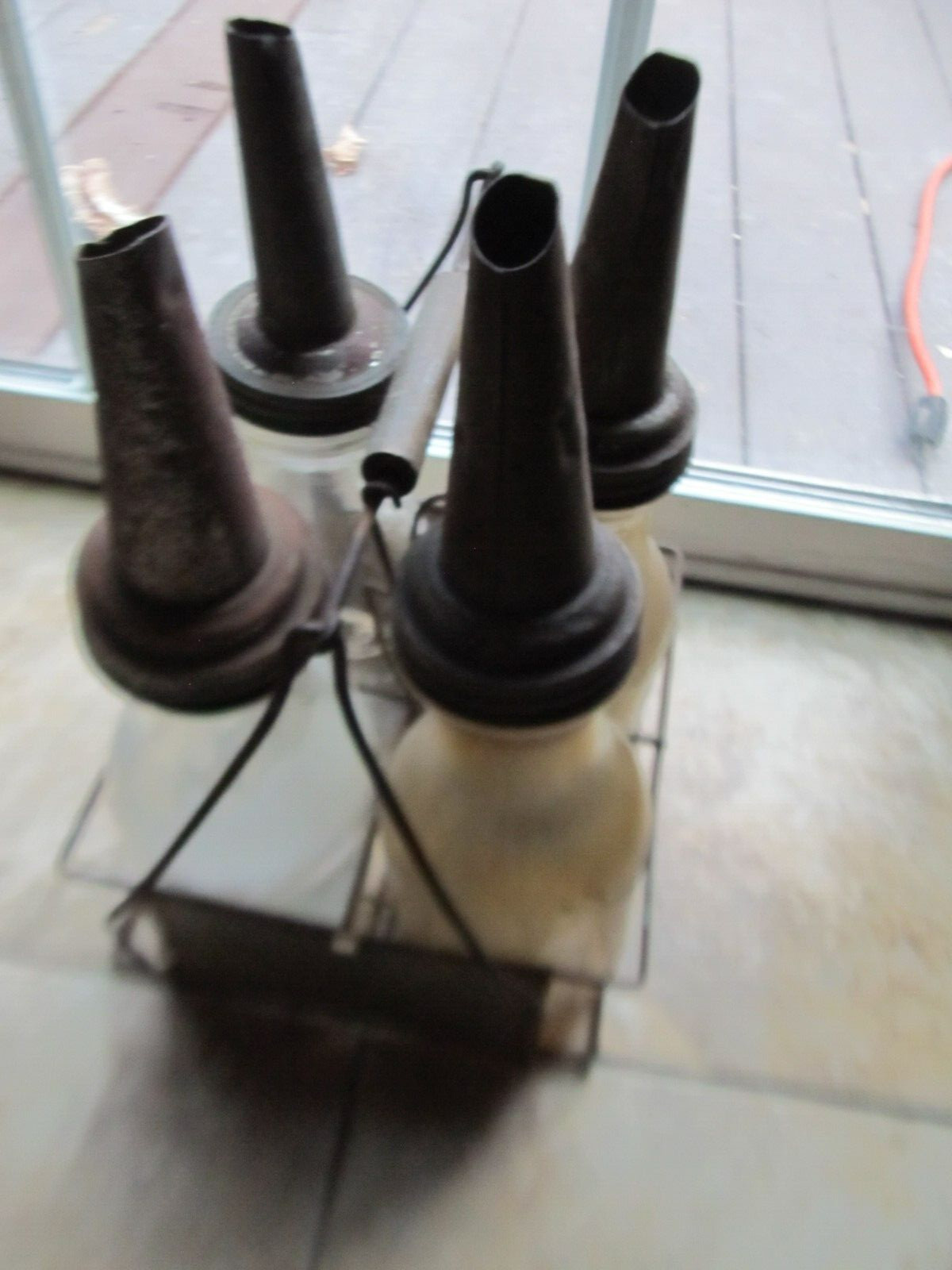RARE SMALL c1926 Auto Glass Oil Bottle Carrier W/BOTTLES, Mechanic, Lubrication