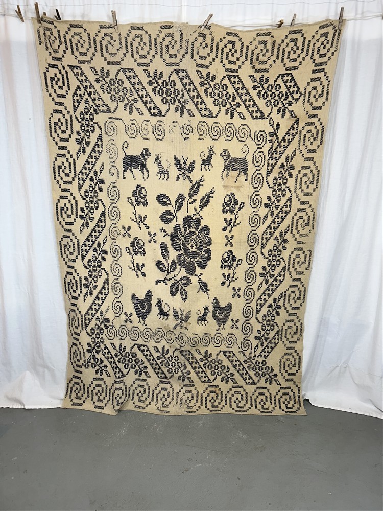 antique blanket white wool 53x82 center seam cobalt embroidered original 19thc