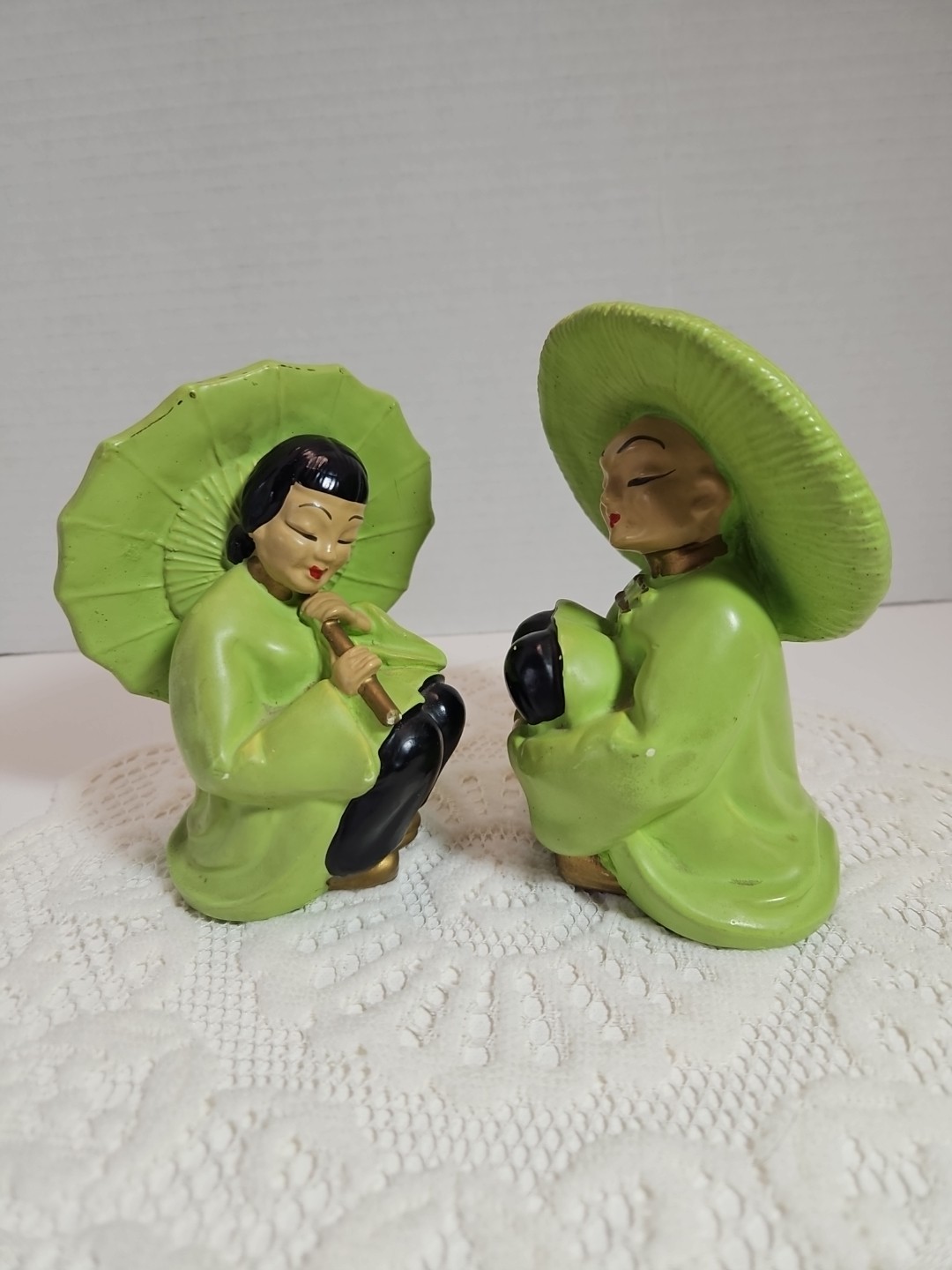 1950 Asian Man Woman Figurines Statues Chartreuse MCM 