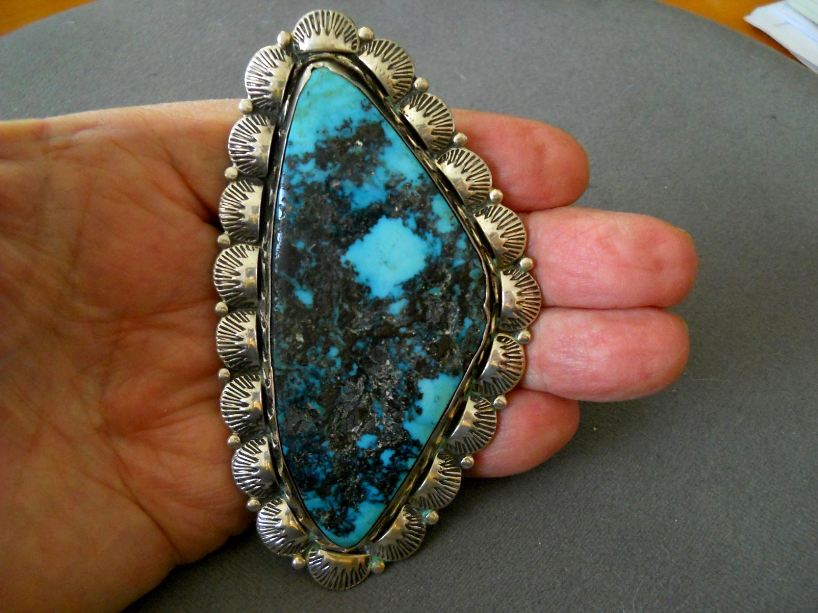 HUGE Native American Navajo Natural Turquoise Sterling Silver Hook Pendant 4.2\