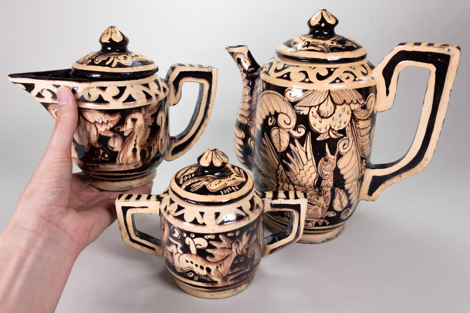 Vintage C.1930s Tlaquepaque Mexican Fantasia Tea Set w/ Creamer & Sugar Pots Vintage C.1930s Tlaquepaque Mexican Fantasia Tea Set w/ Creamer & Sugar Pots