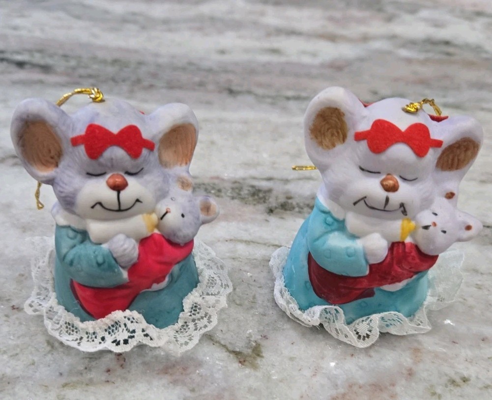 Vintage Jasco Caring Critters Porcelain Chimer Hand Painted Bell Mama Baby Mice