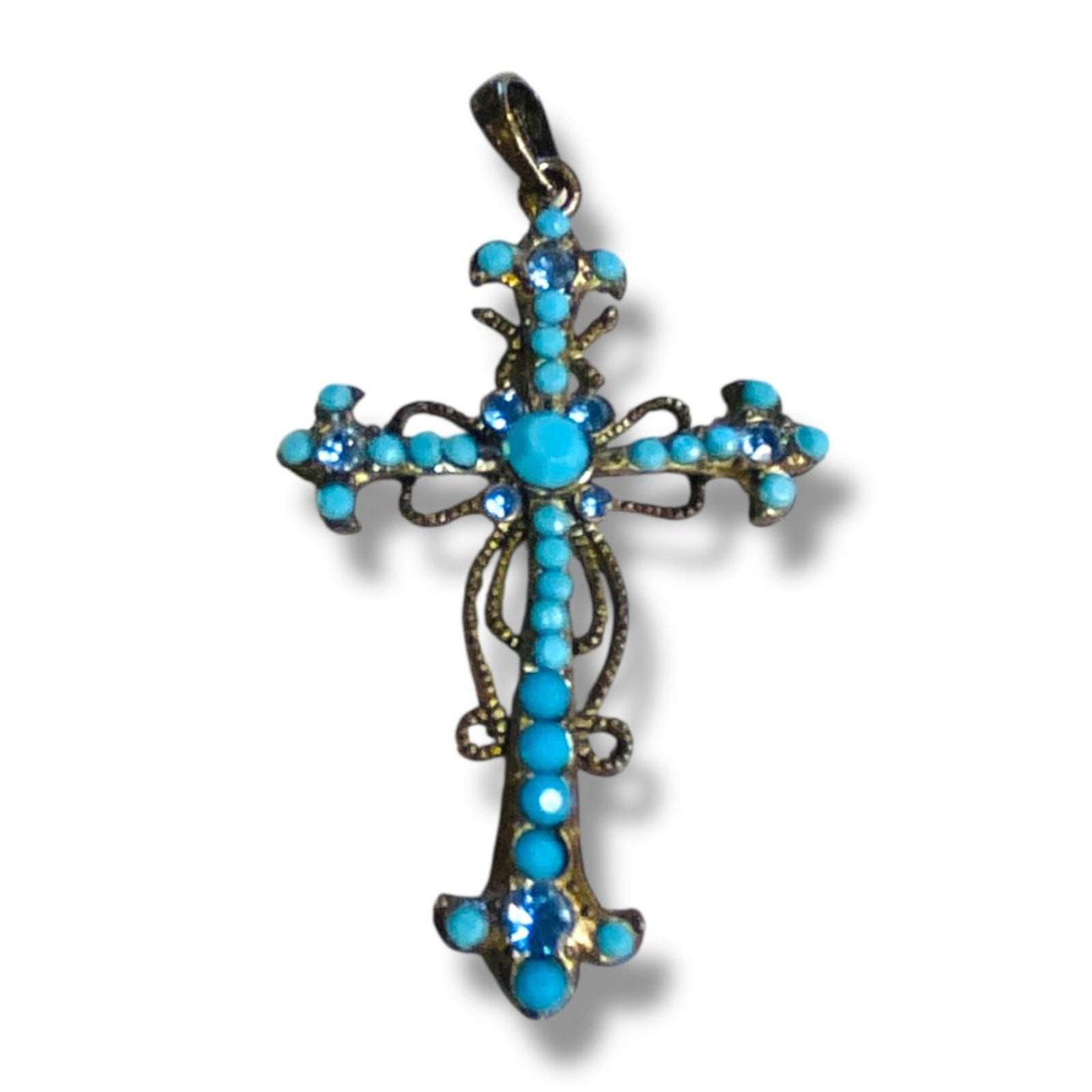 Vintage Silvertone Filigree Faux Turquoise Pendant 2.5