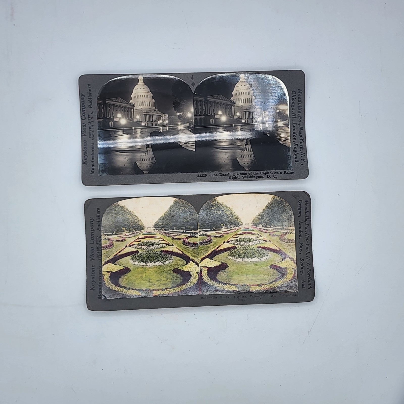 Stereoview Cards (2) Keystone View Company Dazzling Dome/Sunken Garden