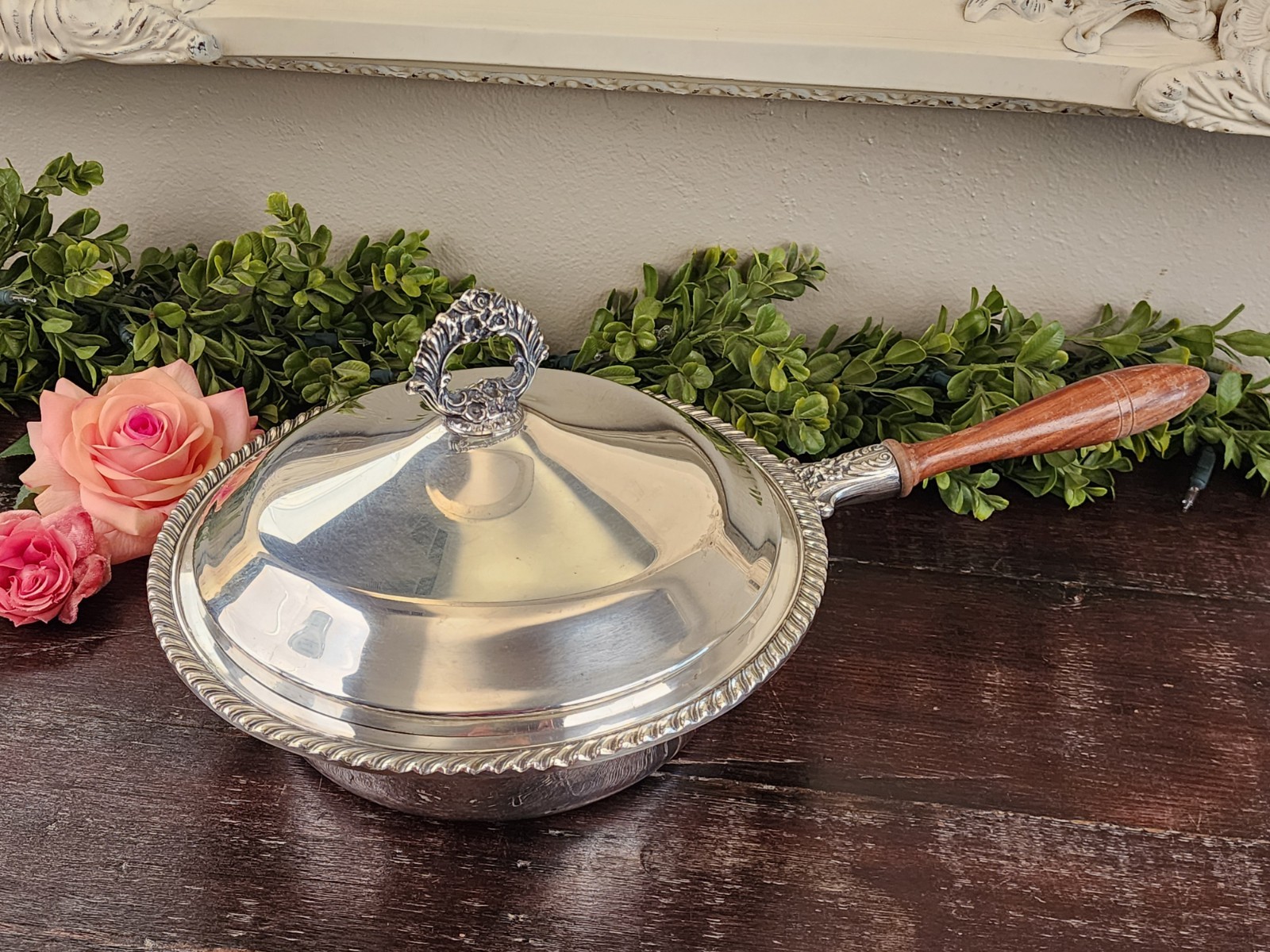Vintage 2 Piece Silverplate Server Ornate Handled Lid, Rope Trim & Wood Handle
