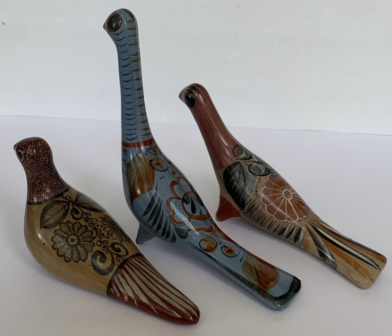 Mexican Tonala Pottery Bird/Dove Handpainted Floral Whimsical VTG Lot Of 3 Boho