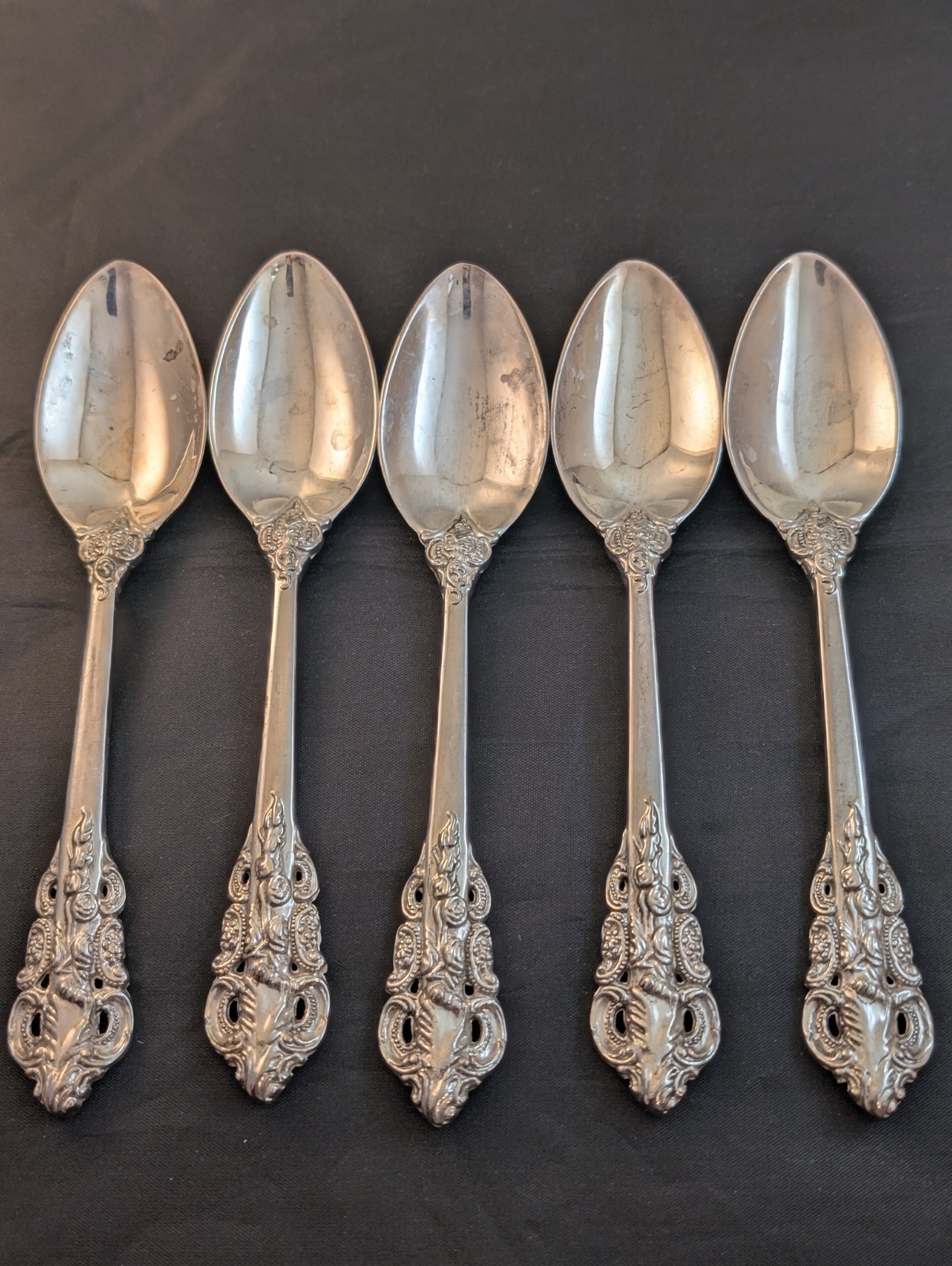Lot Of 5 Grand Antique Silverplate Pierced Handle Oval Soup Spoons China