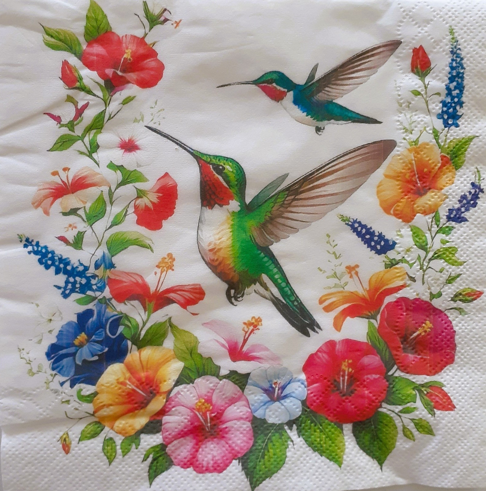 2 individual Paper Decoupage NAPKINS - HUMMINGBIRD SPRING FLOWERS 1 MOTIF