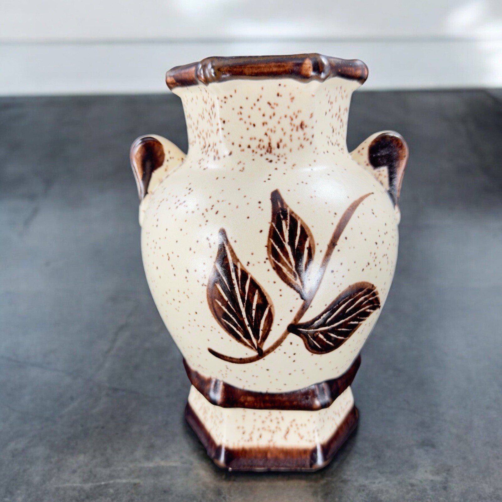 Hand Made USA Pottery Vase Vessel With Brown Speckled Glaze Marked P Vintage