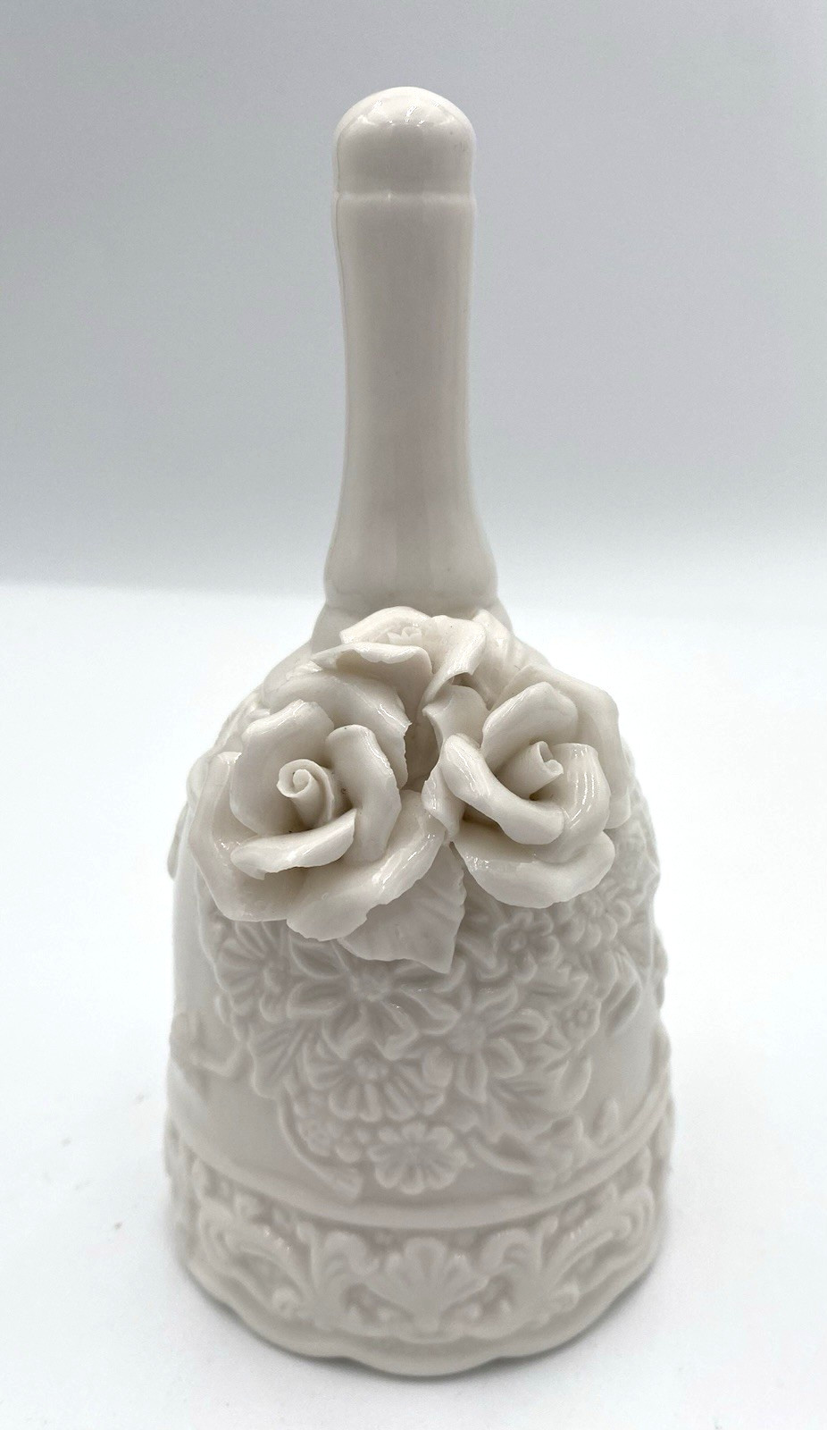 White/Ivory Porcelain Bell, Applied/Sculpted Roses on Bell, Embossed Design White/Ivory Porcelain Bell, Applied/Sculpted Roses on Bell, Embossed Design