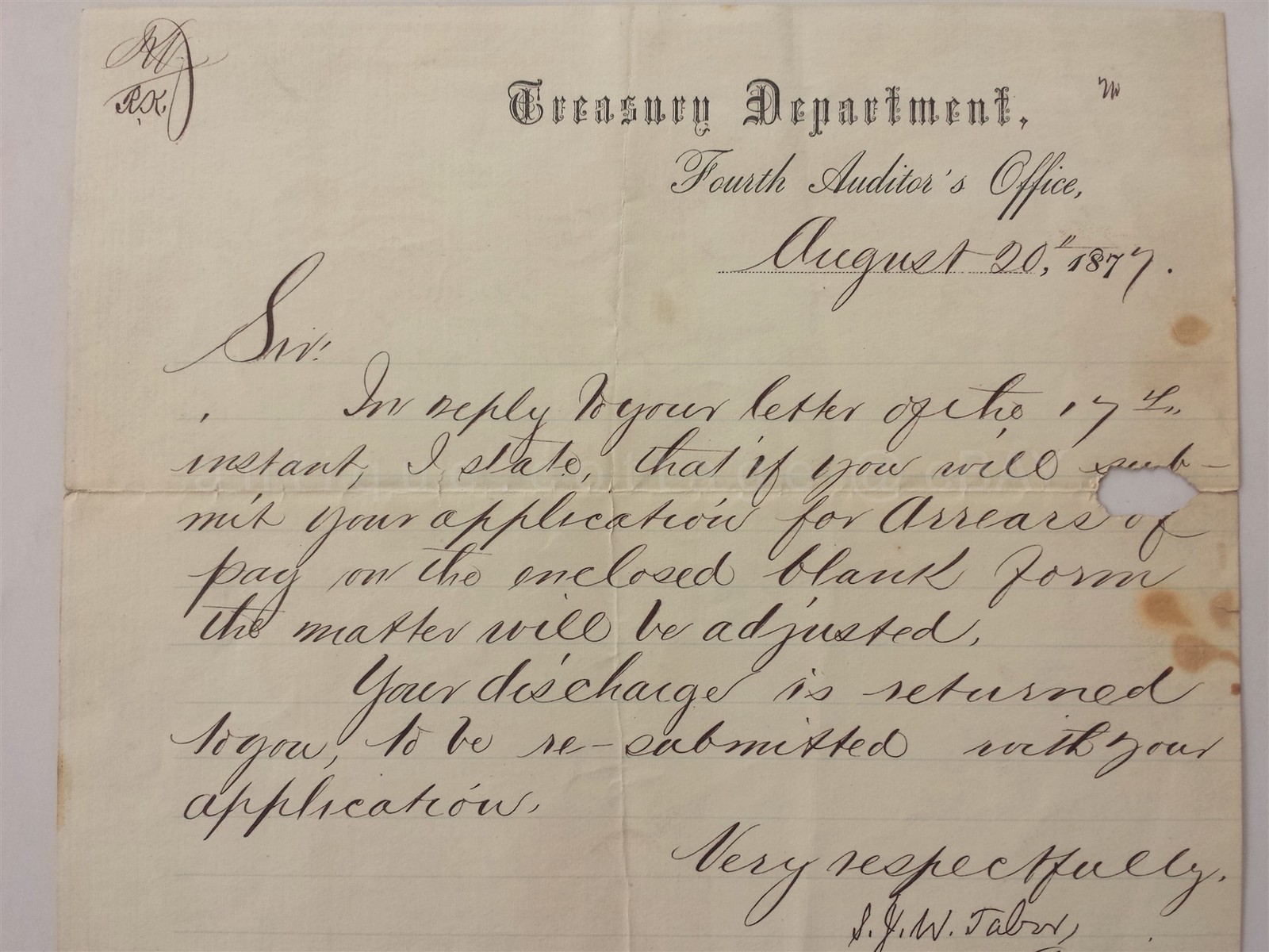 1877 antique CHARLES MYERS LETTER arrears pay PHILA PA TREASURY DEPARTMENT tabor