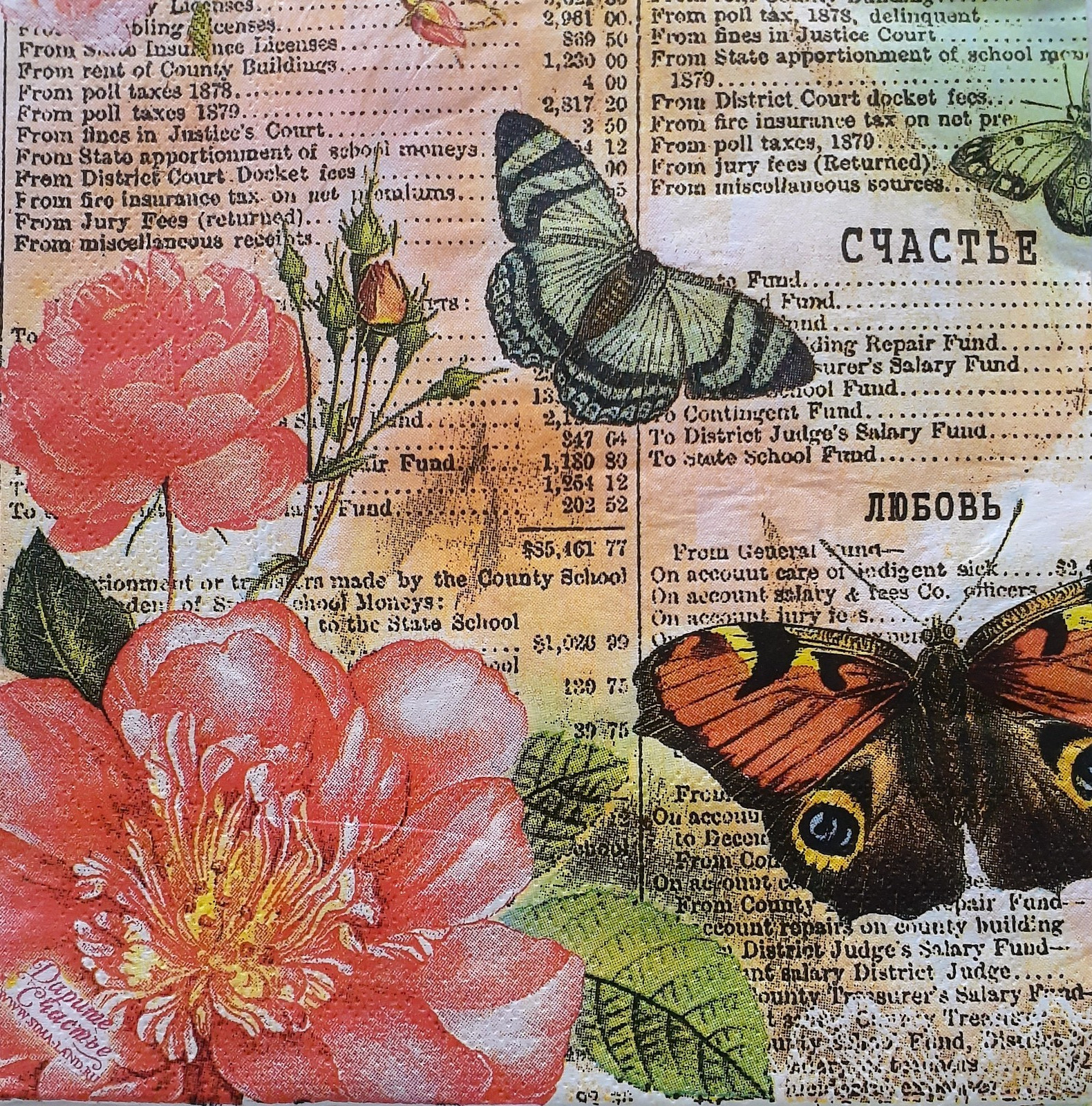 2 individual Paper Decoupage NAPKINS -ROSE FLOWER  BUTTERFLIES SUMMER B