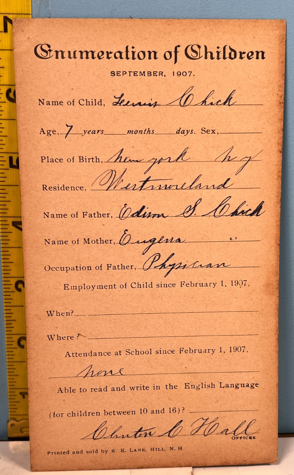 1907 Sept Enumeration Of Children Francis Chick Form