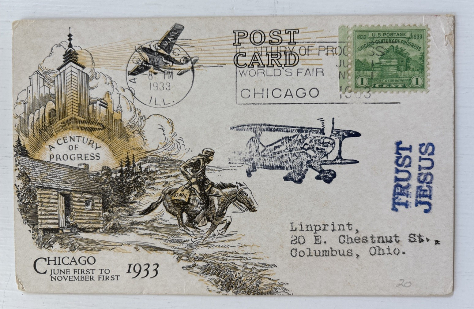 1933 Chicago A Century of Progress Postmark Biplane Maxicard Postcard 1933 Chicago A Century of Progress Postmark Biplane Maxicard Postcard