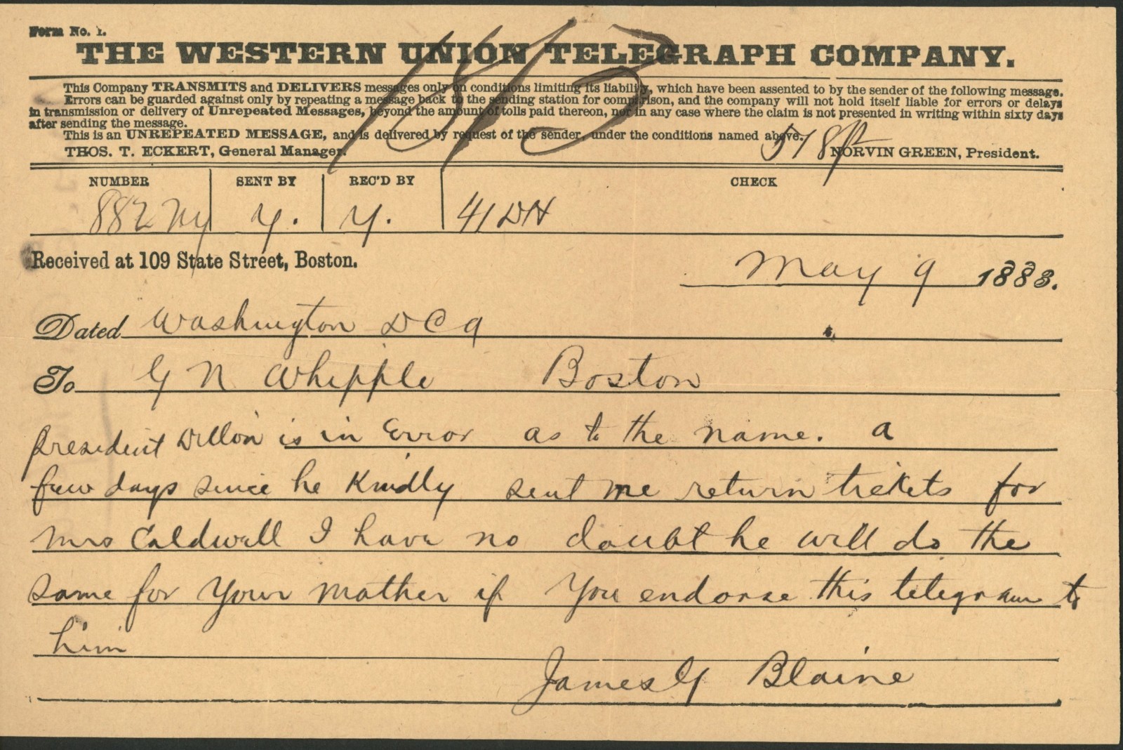 Original James G. Blaine Western Union Telegram - 1883