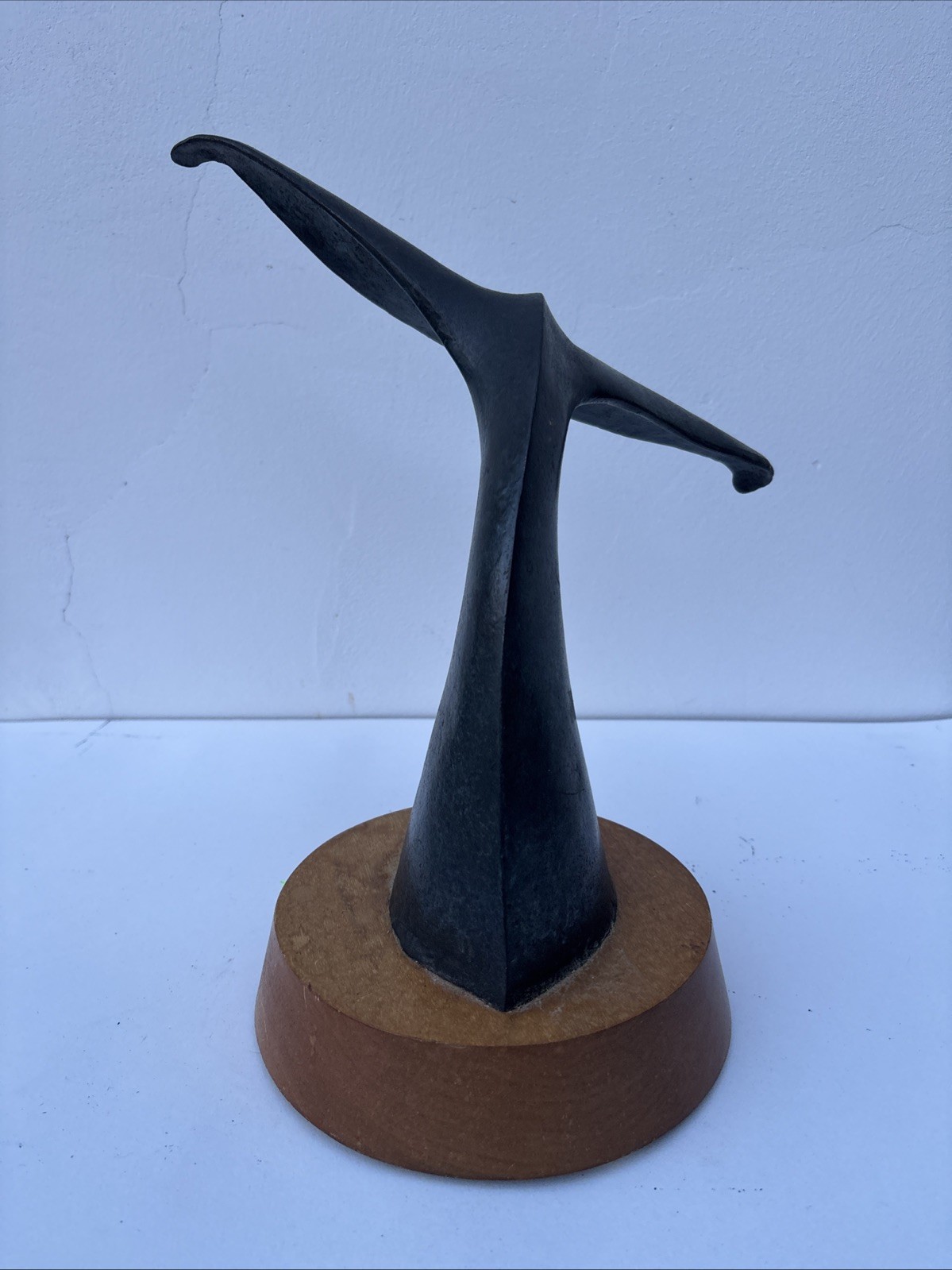 Vintage Whale Tail Sculpture Bronze Patina Wood  Base Coastal Nautical Art 15”