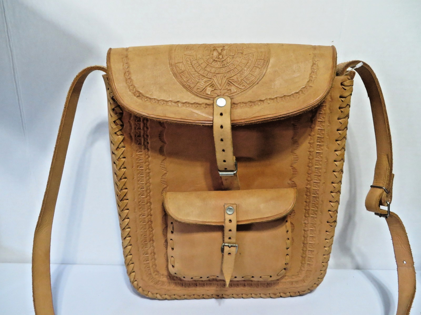 Hand Tooled Mexican Leather Satchel Bag Aztec Calendar Design 14x11x3.5