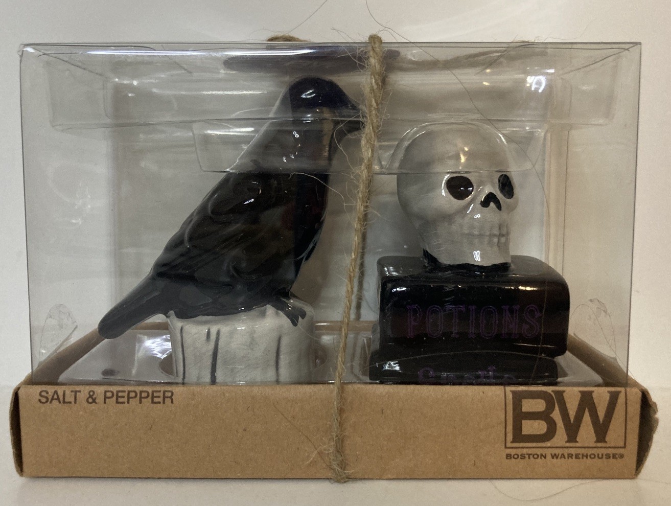 New Boston Warehouse Halloween Raven Crow Skull Potions Salt & Pepper Shakers