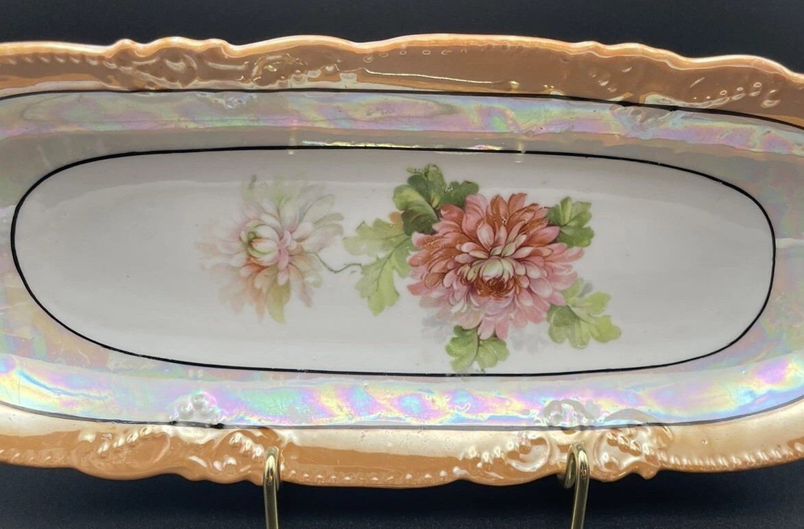 Vintage German Peach Lusterware Relish Dish Double Handle Antique Roses