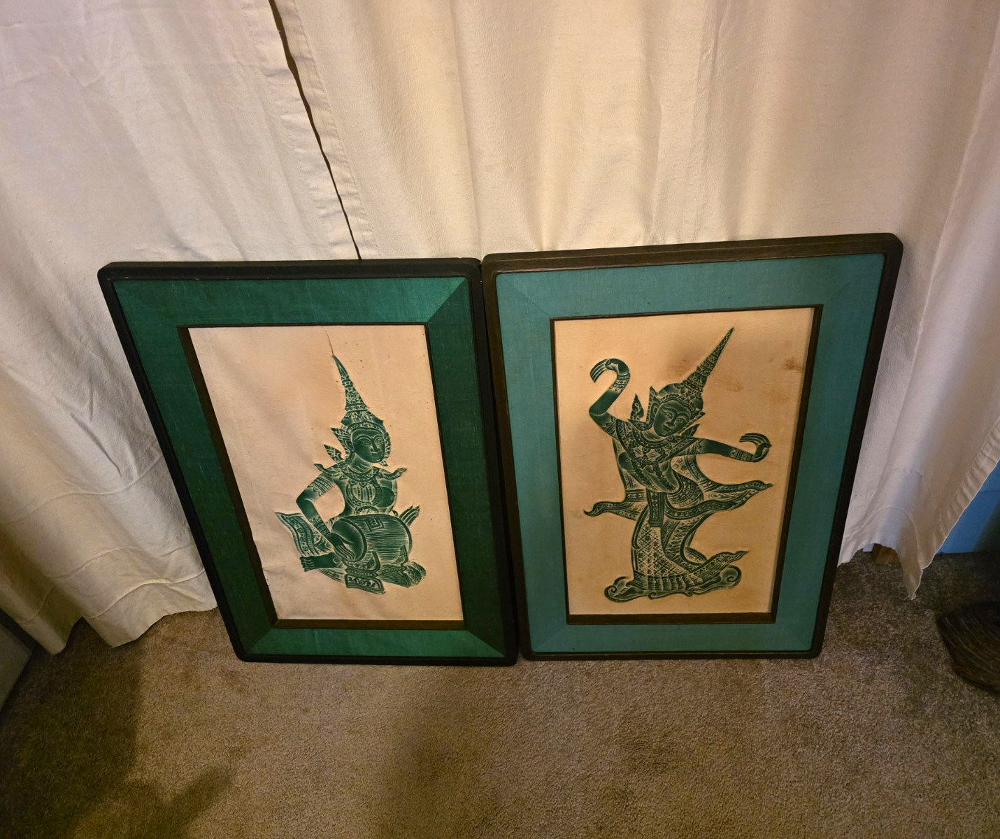 2 THI TEMPLE RUBBINGS,FRAMED RICE PAPER,GREEN SIMEASE Old DANCERS MCM