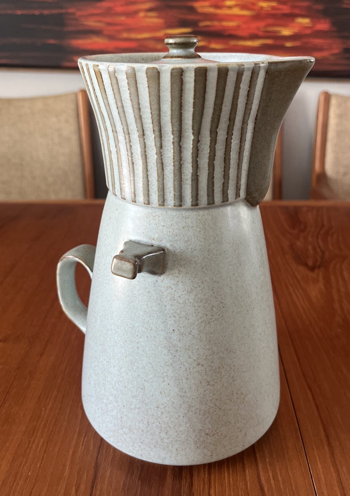 Vintage KASUGA Stoneware 10” CARAFE Pitcher JAPAN Blue Patio 555 Mid Century