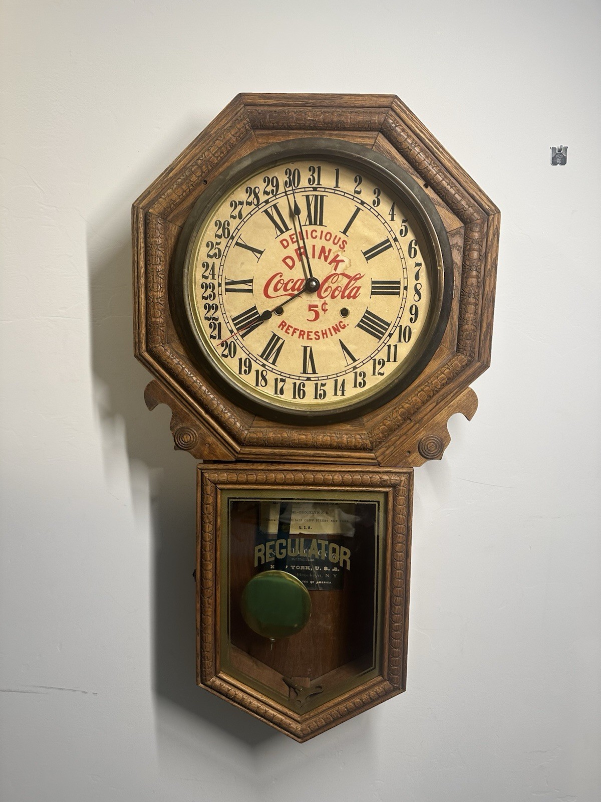 Antique 1902 Ansonia Coca Cola 5¢ Calendar Regulator Wall Clock 32” Working