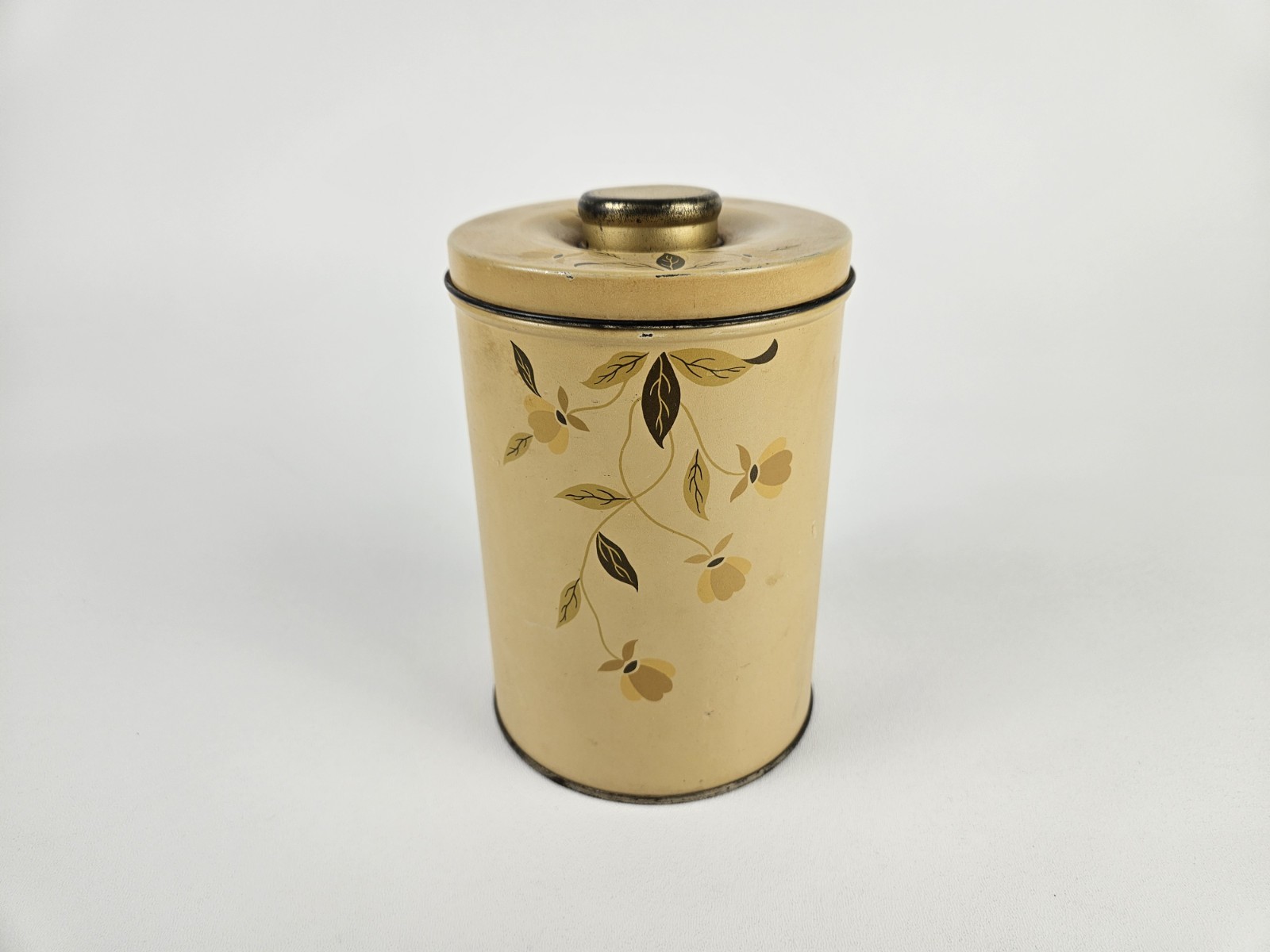 Vtg Hall’s Jewel Tea Autumn Leaf Metal Canister with Metal Lid Org. Distressed