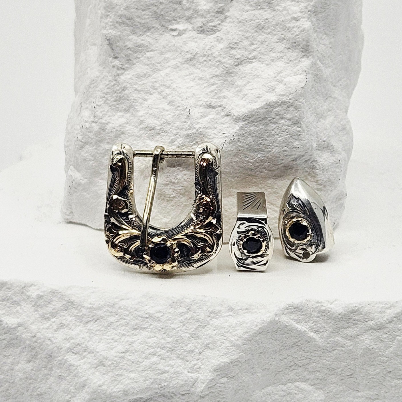 Vogt sterling silver/14k solid gold blue sapphire hat band/watch band buckle set Vogt sterling silver/14k solid gold blue sapphire hat band/watch band buckle set