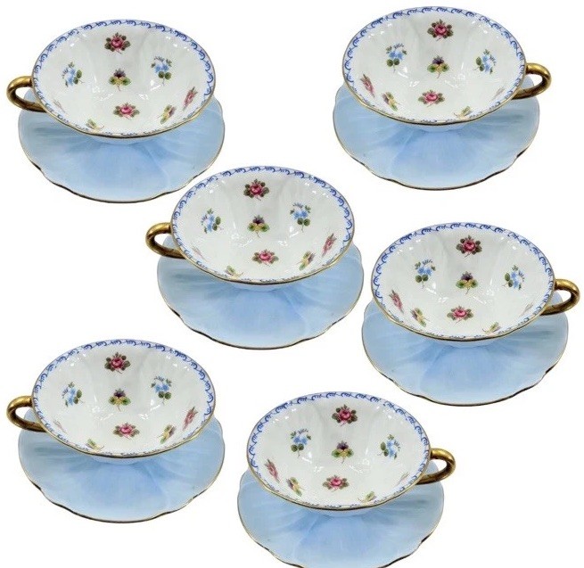 6 Sets Of Shelley Blue Oleander Wild Flowers Footed Tea Cups Saucers Gold Trim