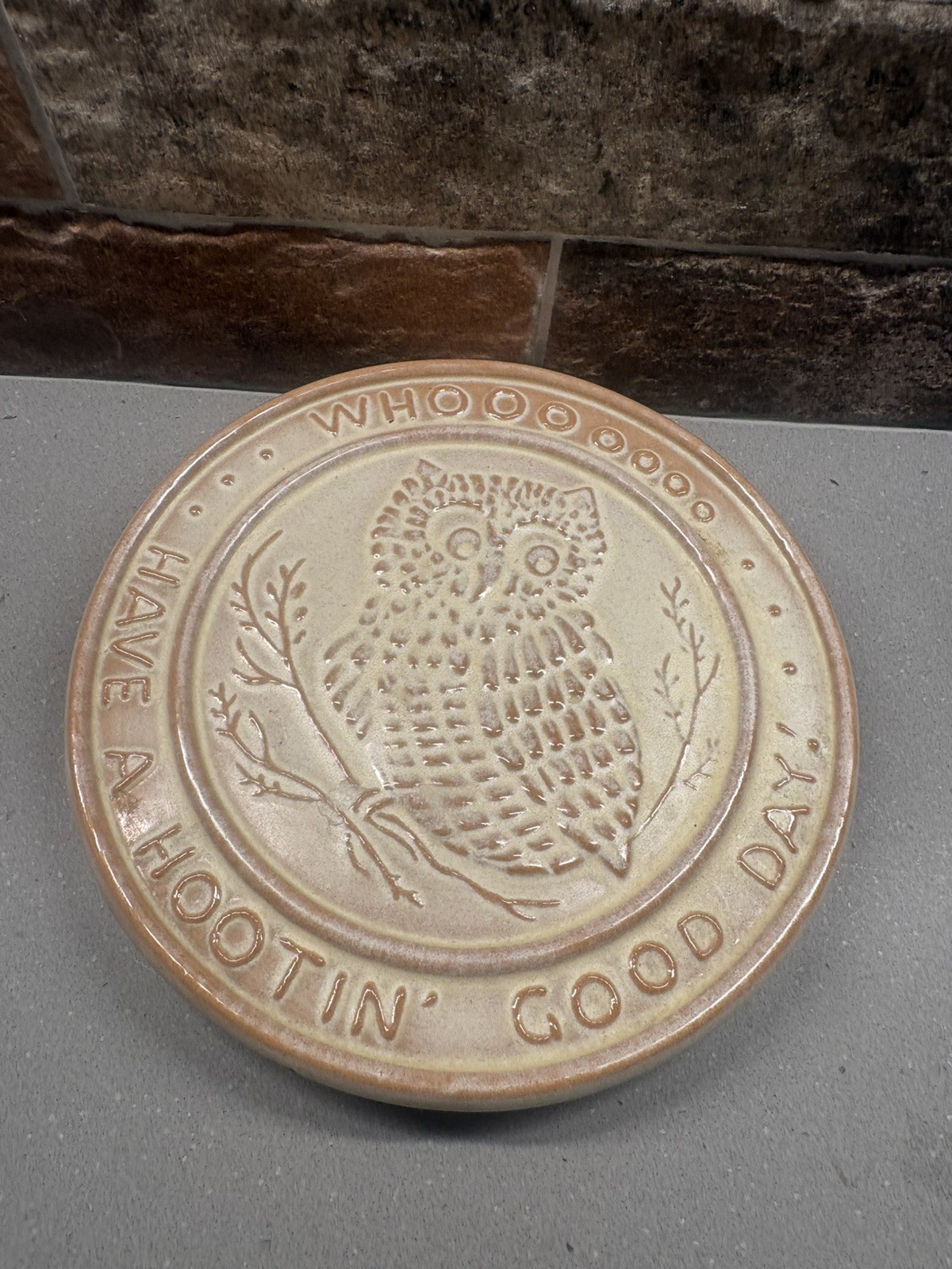 Vintage Frankoma Round Owl Trivet - Whooo Have a Hootin Good Day - 6.25