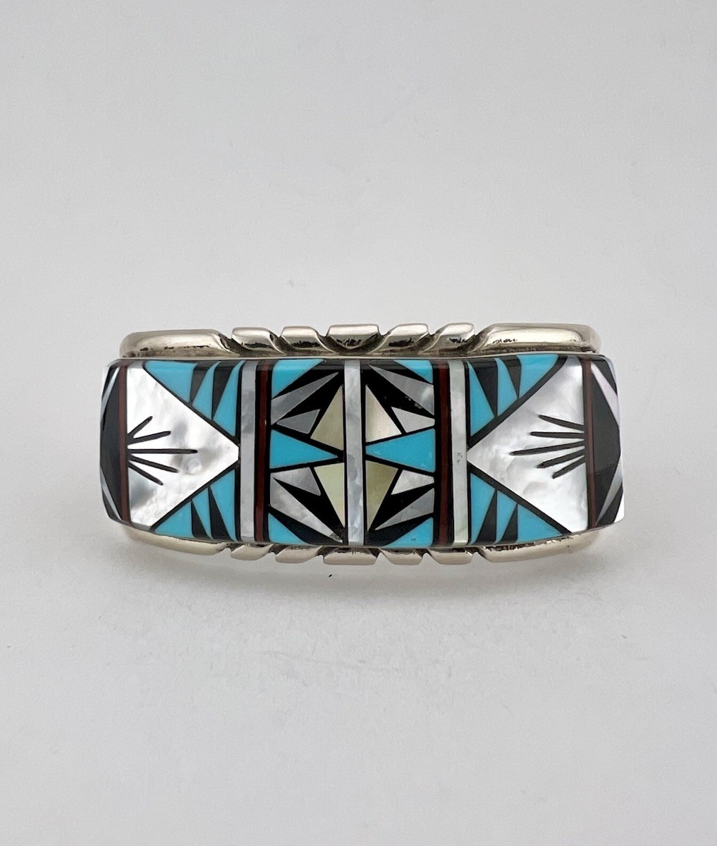 Vintage T&J Navajo Sterling Silver Multi Gemstone Flush Cuff Bracelet 48.2g