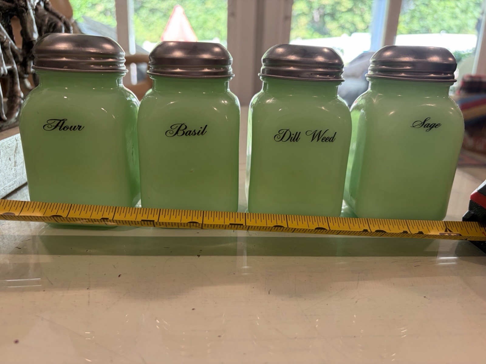 Vintage Jadeite Green Glass Spice Jars Set 4 Flour Basil Dill Weed Sage