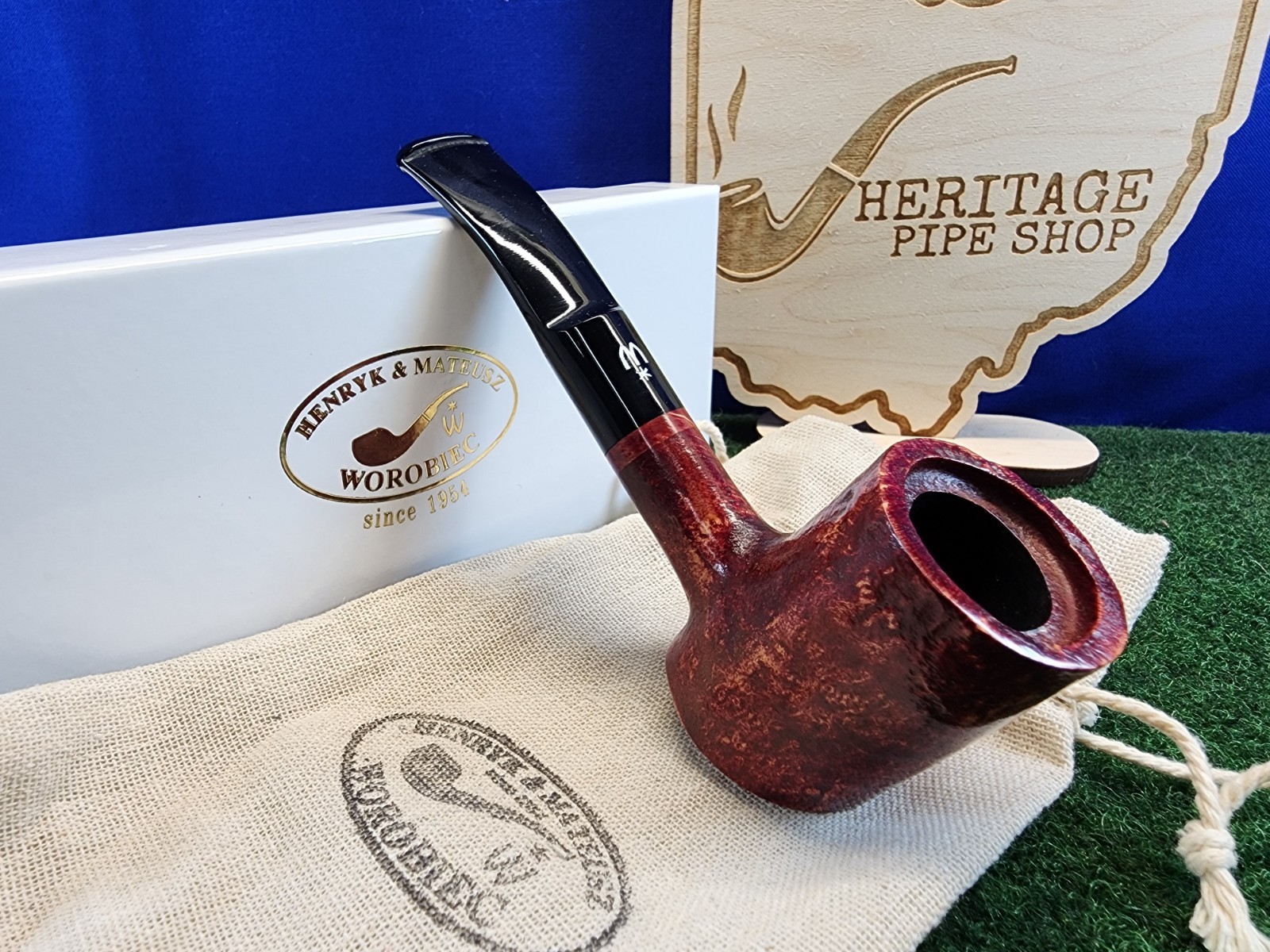 Handmade Worobiec Brick Poker Sandblasted Stiliamid Stem Briar Pipe, Box, Sock Handmade Worobiec Brick Poker Sandblasted Stiliamid Stem Briar Pipe, Box, Sock