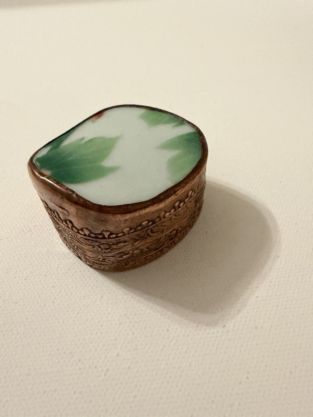 Vintage Chinese Repousse Cooper Tone Metal Trinket Jewelry Box Porcelain & Lid