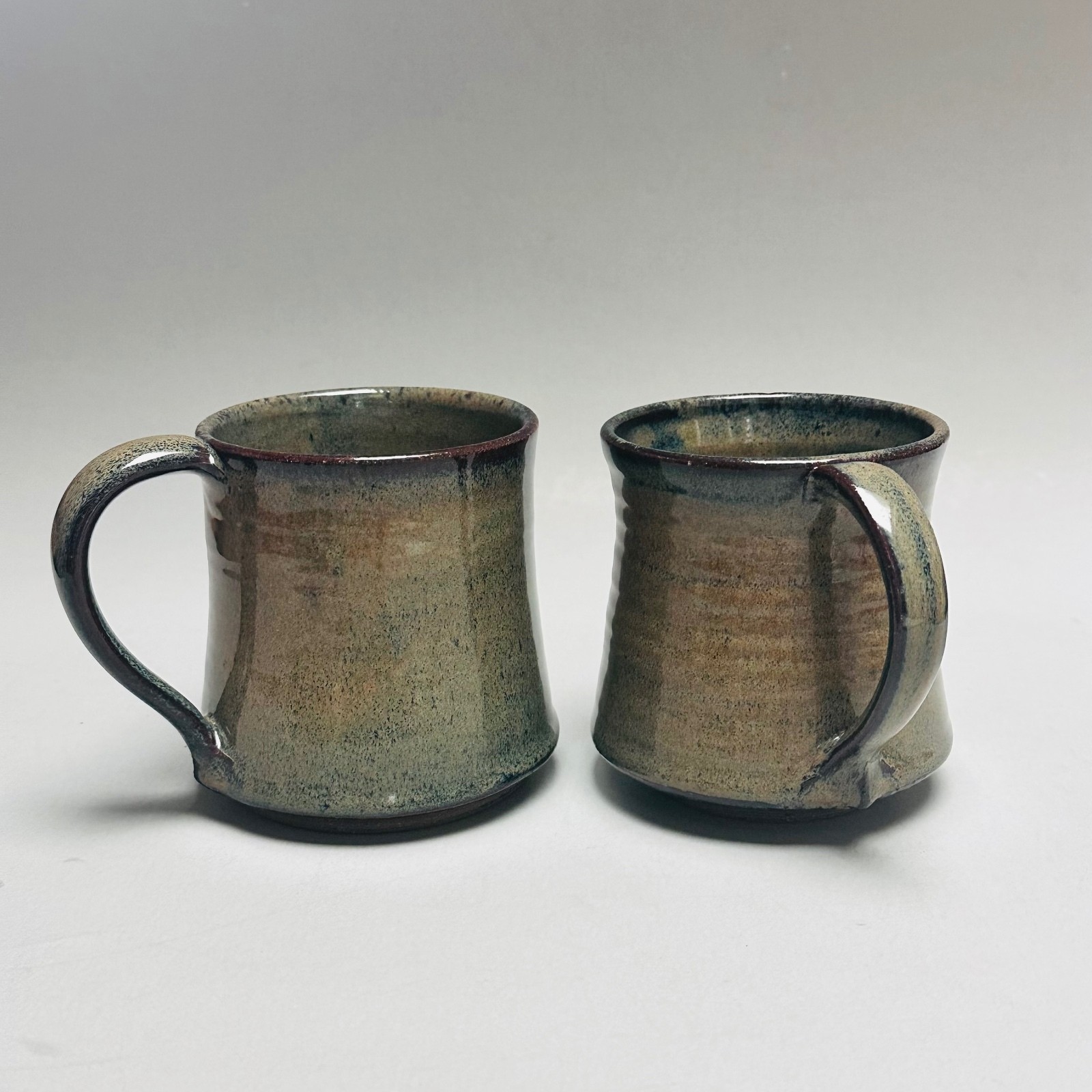 Vintage Studio Art Pottery Mugs Pair Handmade Stoneware Green Brown Glaze Signed
