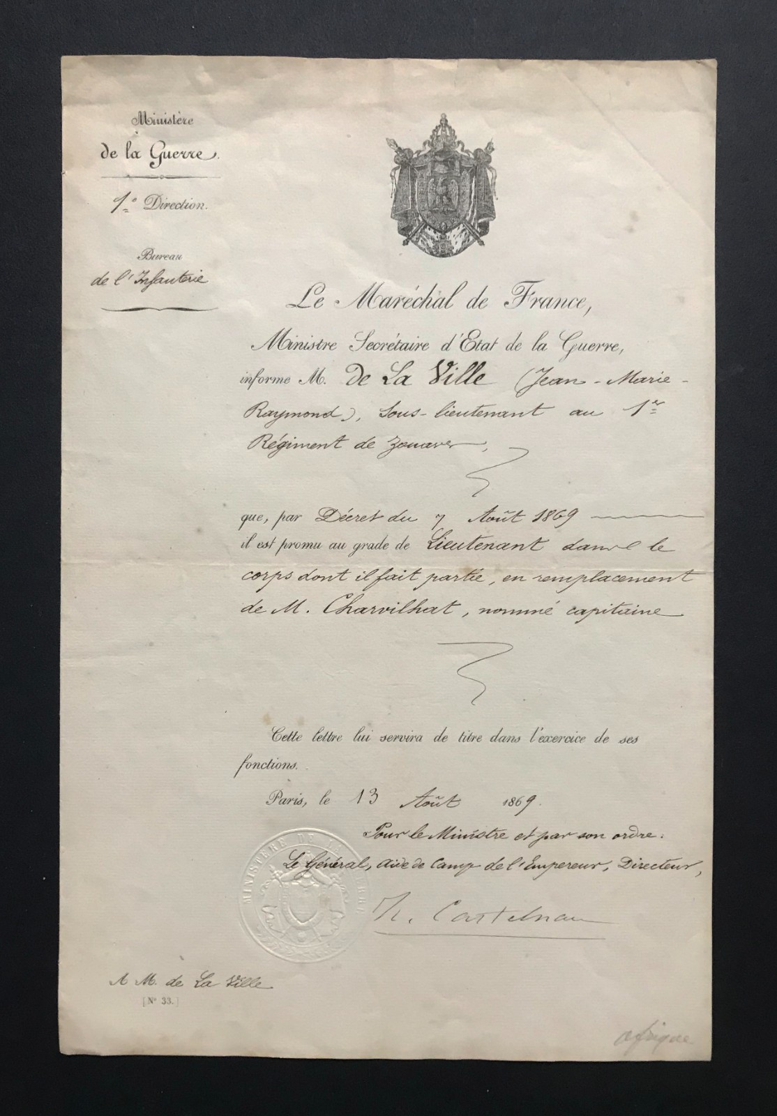 FRENCH SECOND EMPIRE. AUTOGRAPH OF GENERAL CASTELNAU, ADC TO NAPOLÉON III. 1869.