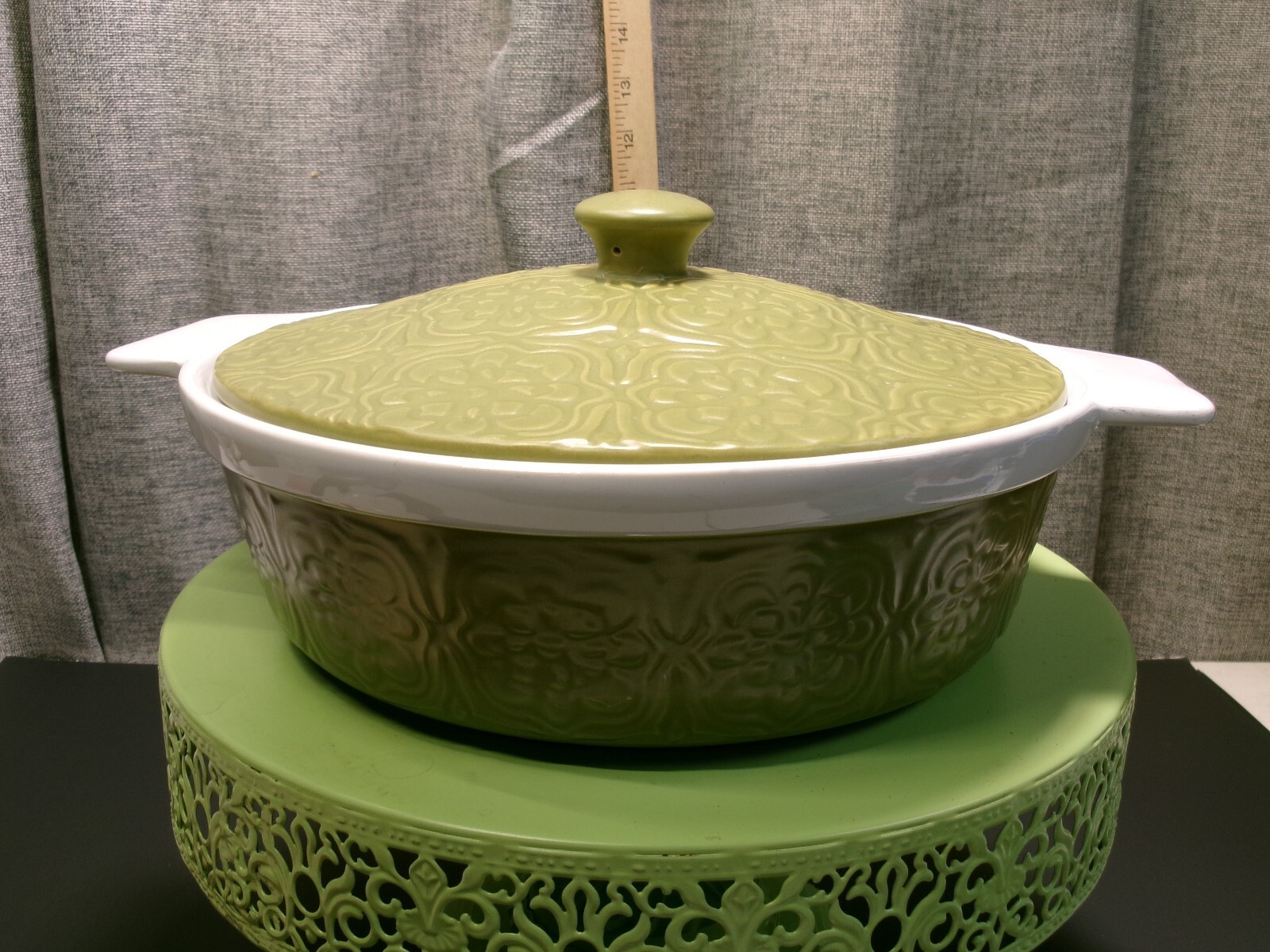 Green covered casserole dish