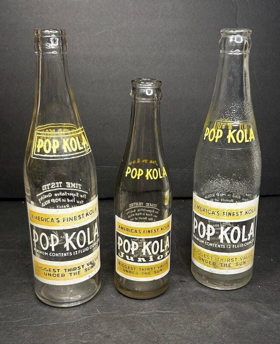 Vintage Pop Kola Soda Bottles Set of 3 ACL Yellow White Label Mid-Century Soda