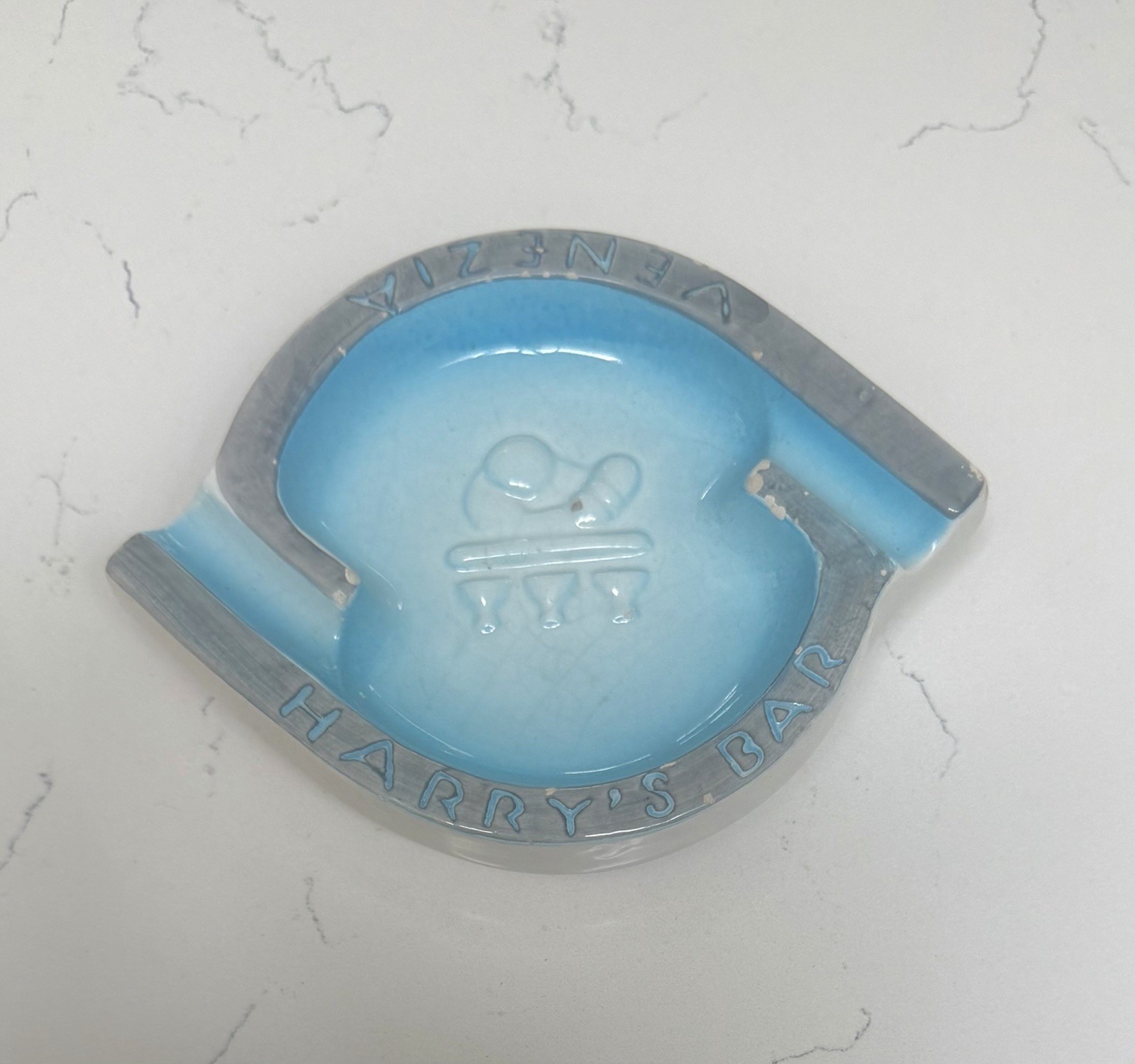 🍸 Harry's Bar Venezia Ashtray Vintage MCM Italy Blue Ceramic 6.5