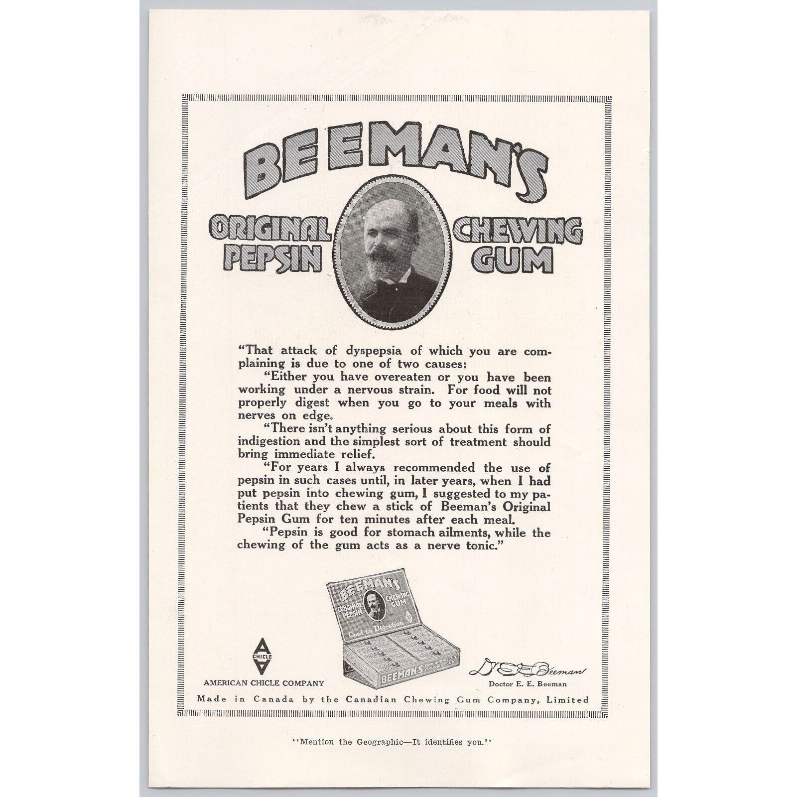 1918 Beemans Original Pepsin Chewing Gum American Chicle Co Vintage Print Ad