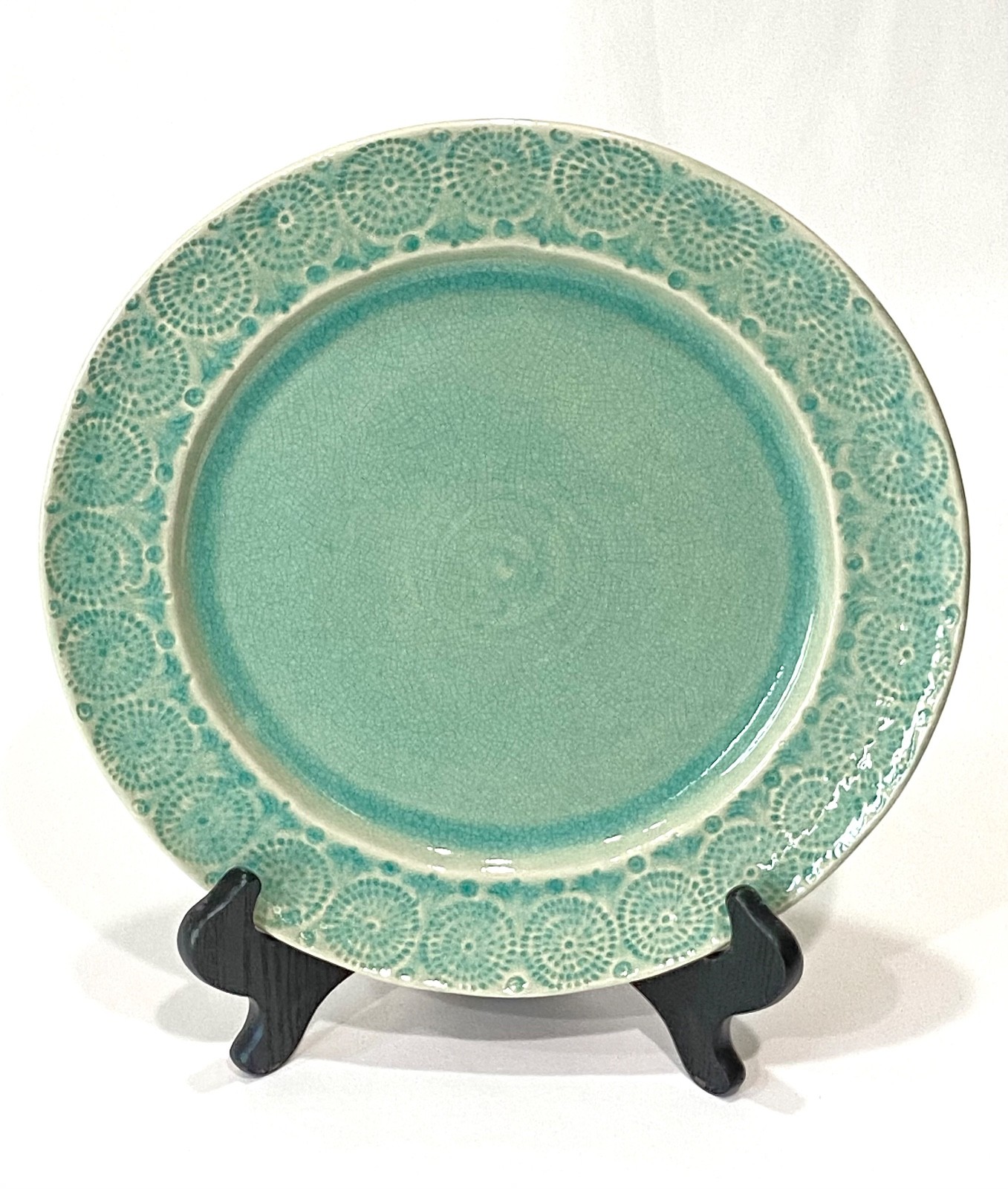 2 Anthropologie Old Havana Mint Dinner Plates 9499084, Crackle Glaze 11 1/2\