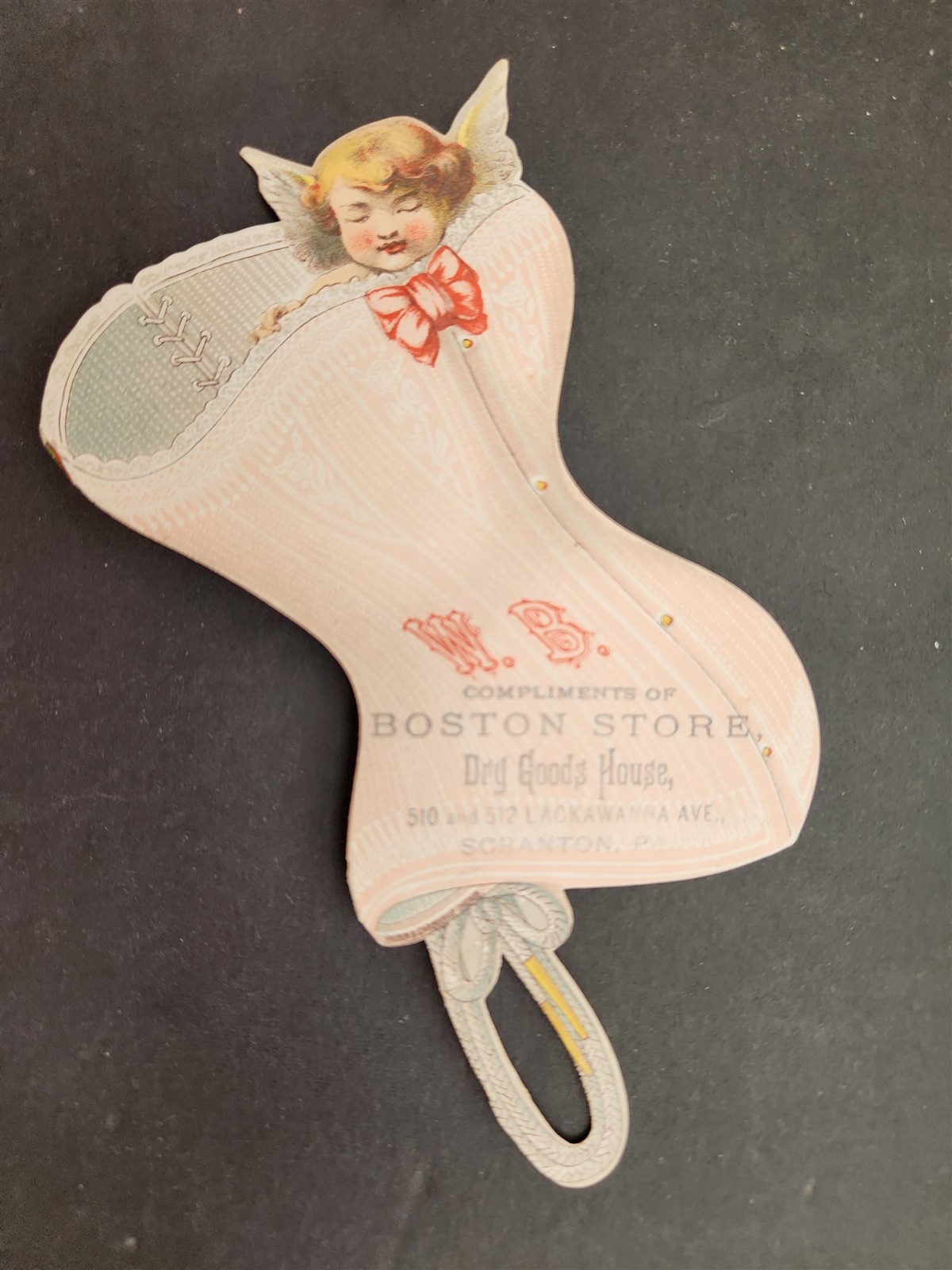 1890 antique M M CORSET scranton pa TRADE CARD victorian diecut ANGEL dry goods