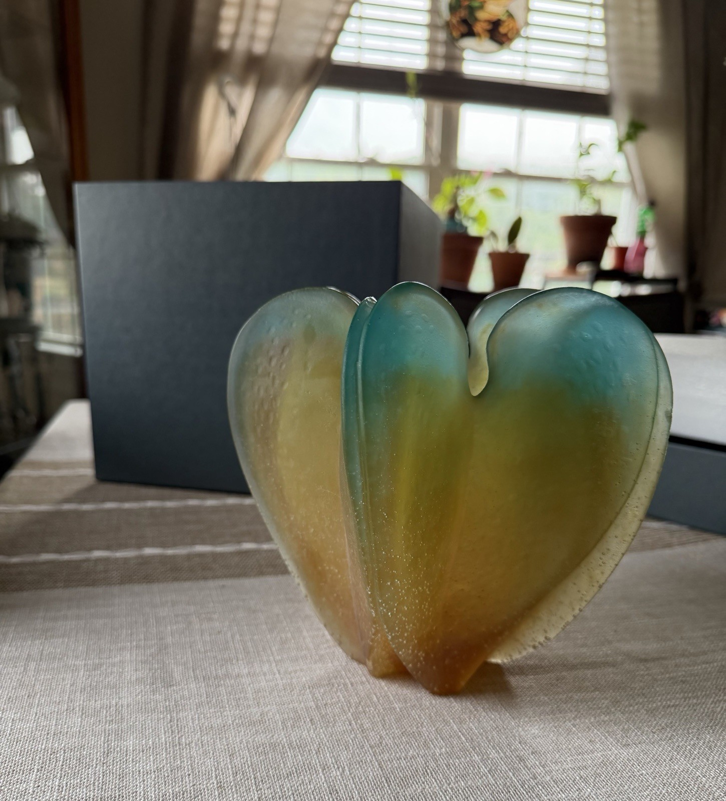 DAUM LOV\'ORCHID ORANGE/GREEN/AMBER PATE DE VERRE CRYSTAL PETIT MODELE VASE. NIB