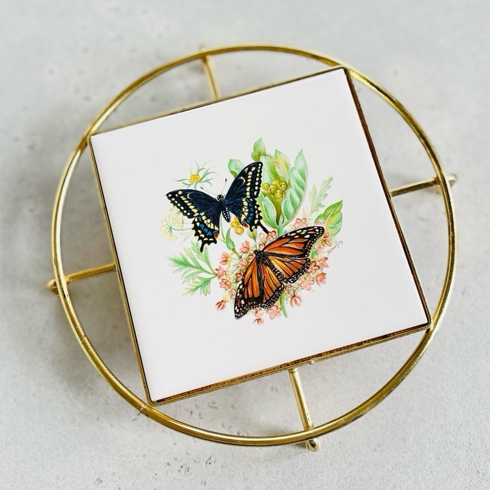 Vintage Gold Tone Metal Decorative Holmes Gray Butterfly Tile Trivet￼